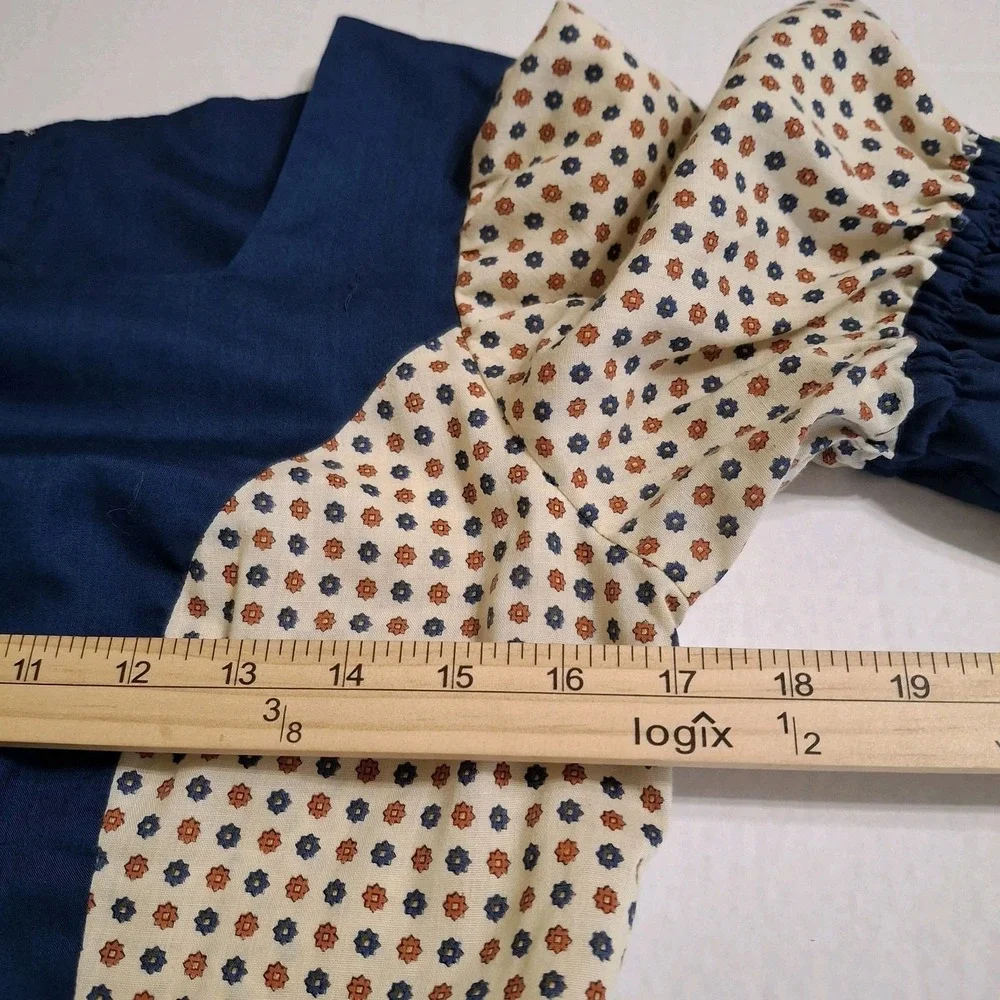 Handmade Girl Dress Size 16 Navy Floral   Short Puff Sleeve Ruffled Bows Country